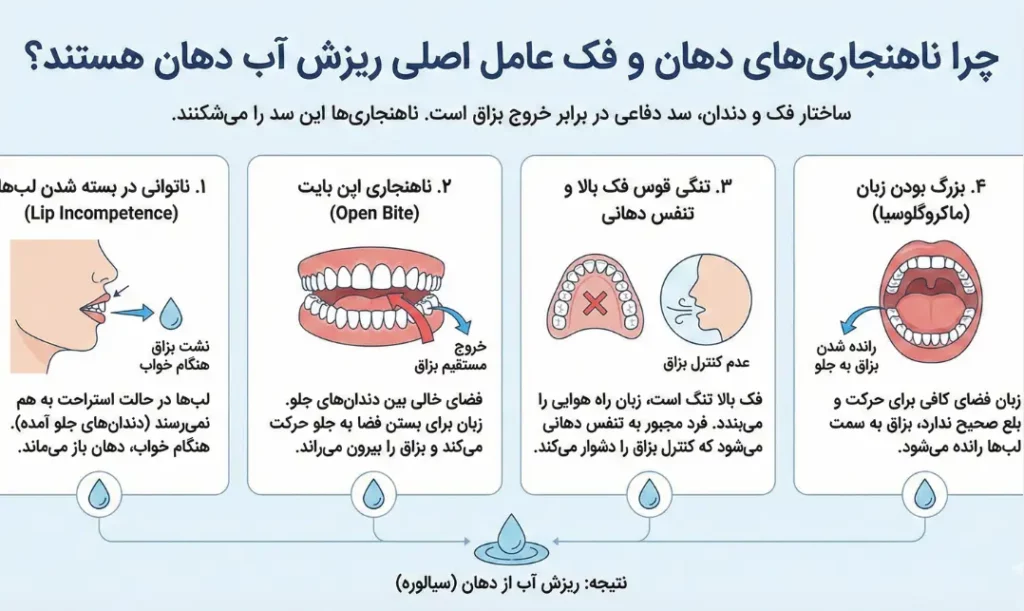 اینفوگرافی درباره ناهنجاری های دهان و فک که موجب ریزش آب از دهان می شود