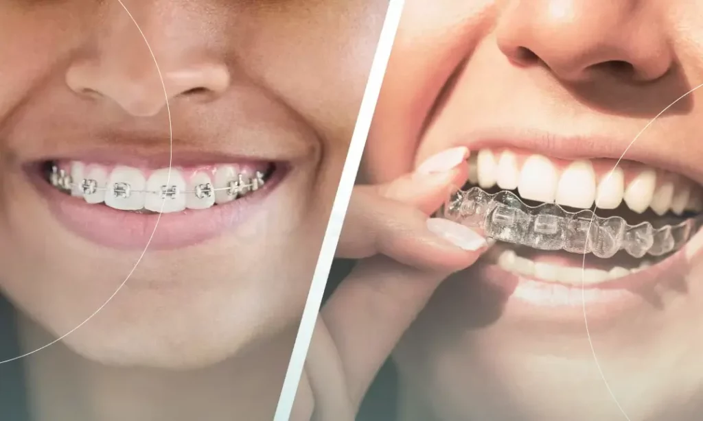 تصویر مقایسه ای ارتودنسی شفاف و ارتودنسی ثابت